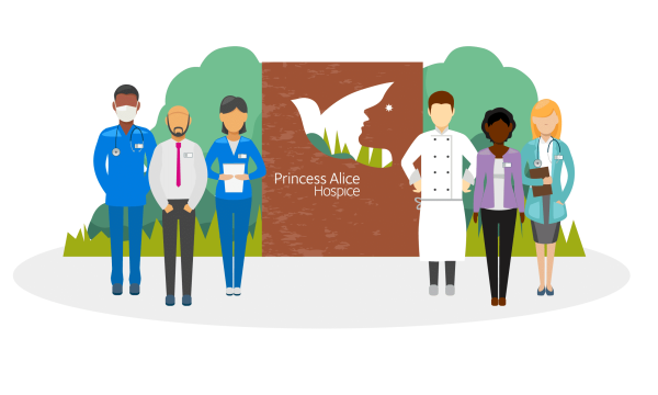 a graphic showing various members of Hospice staff by the entrance sign