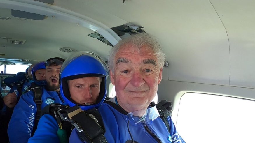 David in a plane ready for his skydive