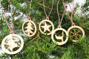 Wooden Christmas decorations on a tree