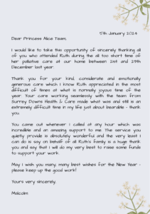Letter to Hospice at Home team, thanking them.